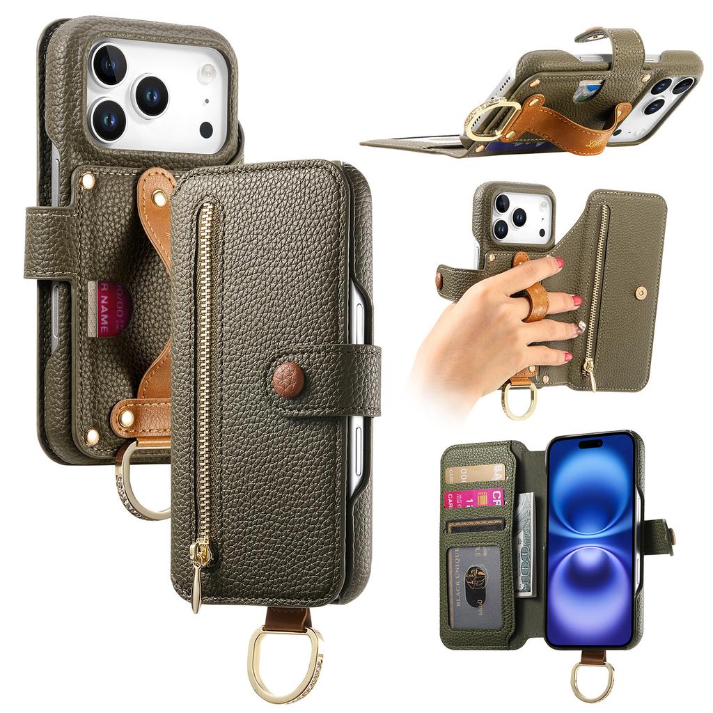 Luxury Zipper Cards Solt Wristband Wallet Leather Ring Holder Case For iPhone 17 Pro Max 16 Plus 15 14 13 12 Kickstand Bag Cover