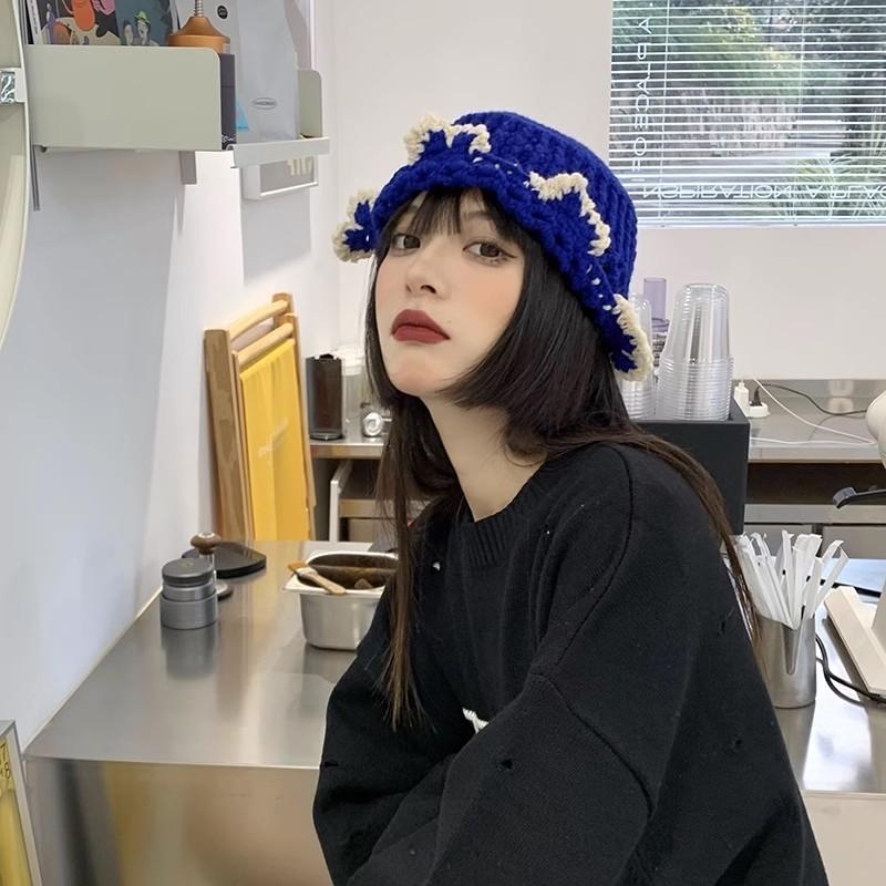 Blue Knitted Wool Cap Women Spring Korean All-match Forest Style Lace Edge Bucket Hat Fashion Big Headband Fisherman Hat
