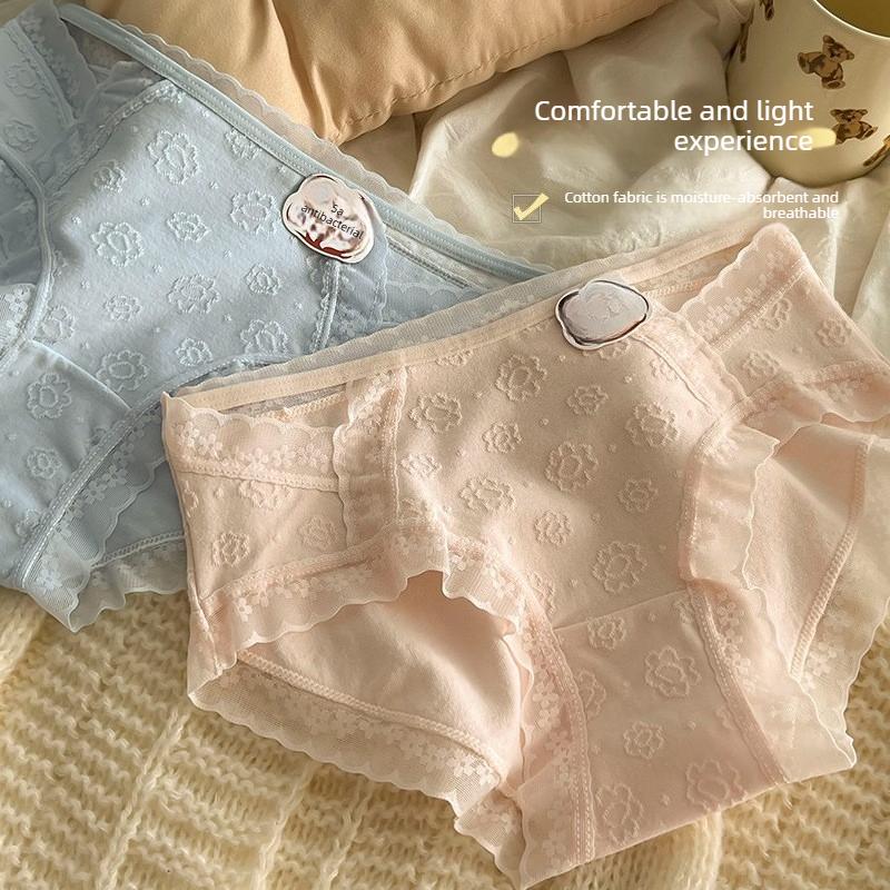 Ladies Spring and Summer Sweet Sexy Hollow Lace Pure Desire Wind Pure Cotton Waist Triangle Briefs