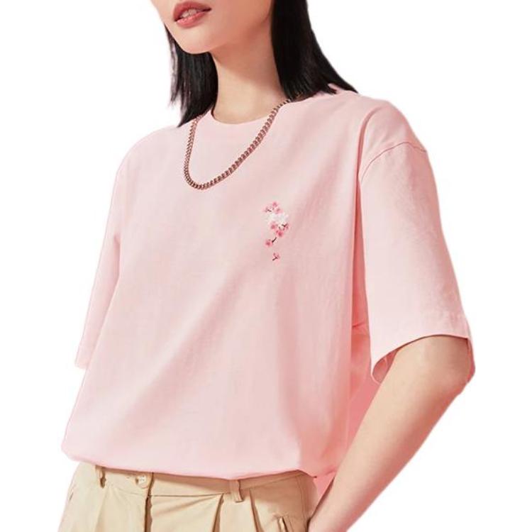 Li Ning SS22 Cherry Blossom Series Loose Short Sleeve Round Neck T-Shirt Women Tops Pink AHSS912-2