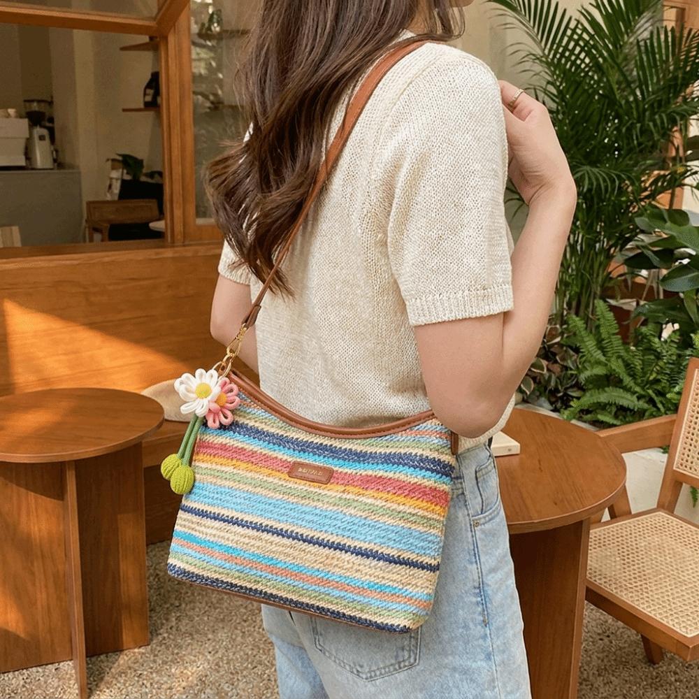 Large Capacity Woven Shoulder Bag Polyester Knit Hobo Bag Causal Straw Tote Bag  Vacation