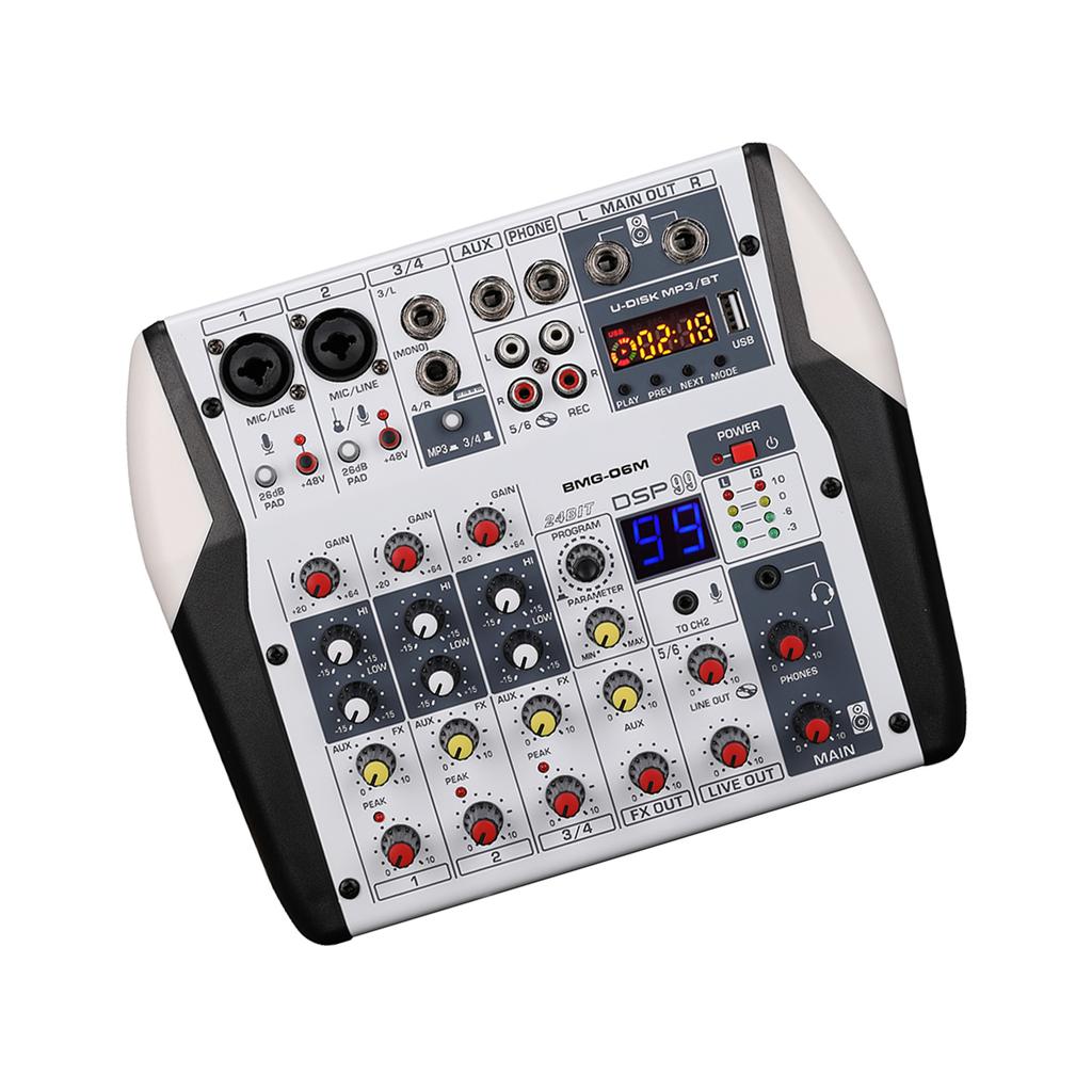 BOMGE 6 Channel DJ Audio Sound Mixer Professional Soundboard Stereo Recording MP3 USB BT Input 48V Phantom Power 99 DSP