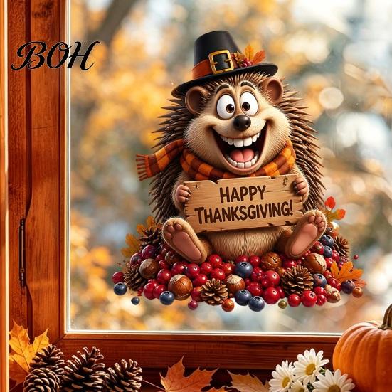 Decorative PVC Window Film Thanksgiving Sticker, Static Cling Fall Decal, Removable Autumn Decals Cute Animal Sticker for Holiday Decoration