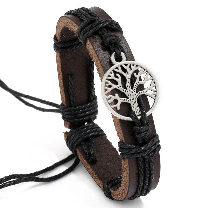 Braided Wrap Leather Bracelets for Men Vintage Life Tree of Rudder Charm Wood Beads Ethnic Tribal Wristbands