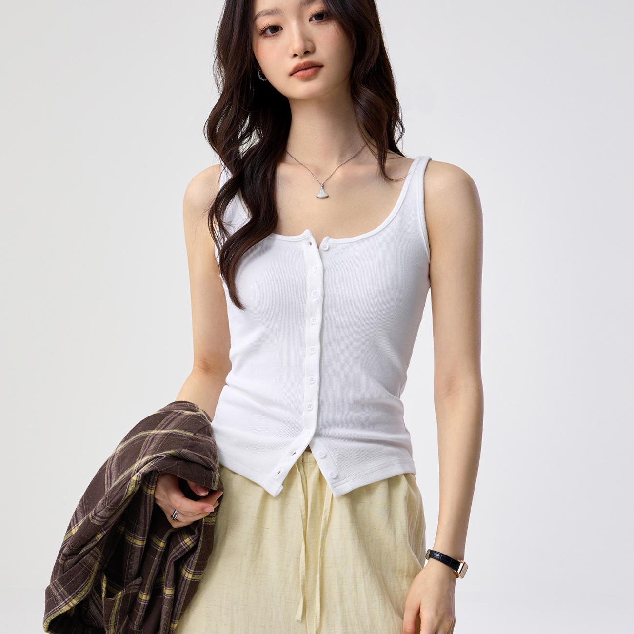 Youkesi Spaghetti Strap Tank Top - Women s Slim Fit Button Design Sleeveless Top M