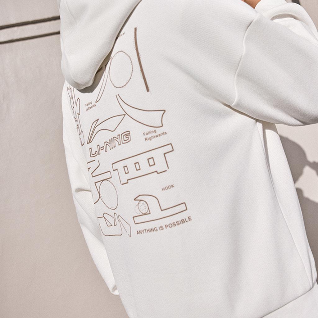 Li Ning Sports Lifestyle Series Loose Fit Hooded American Print Letter Casual Fleece Sweatshirt Unisex sweatshirt Off-White AWDU923-3