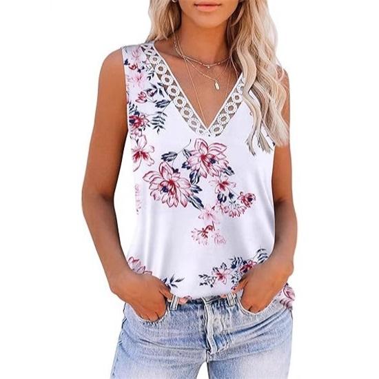 Women's summer casual sleeveless V-neck printed lace vest