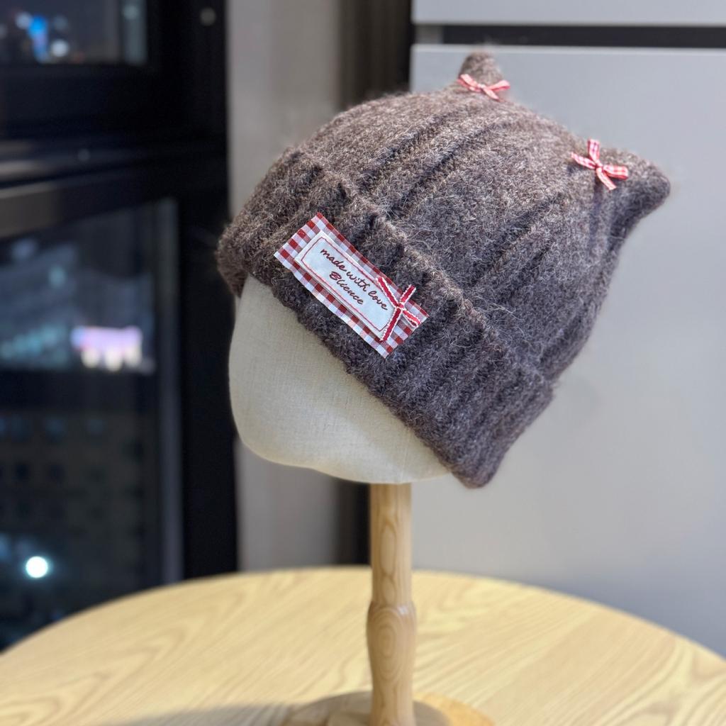 Korean Style Woolen Hat for Women Cute Cat Ears New Bow Warm Ear Protection Cold Hat Winter Fashion Knitted Hat