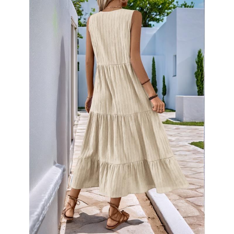 VEZFAA Women's Fashion Summer Spring Solid Color Print Sleeveless V-Neck Loose Waistline Casual Dresses