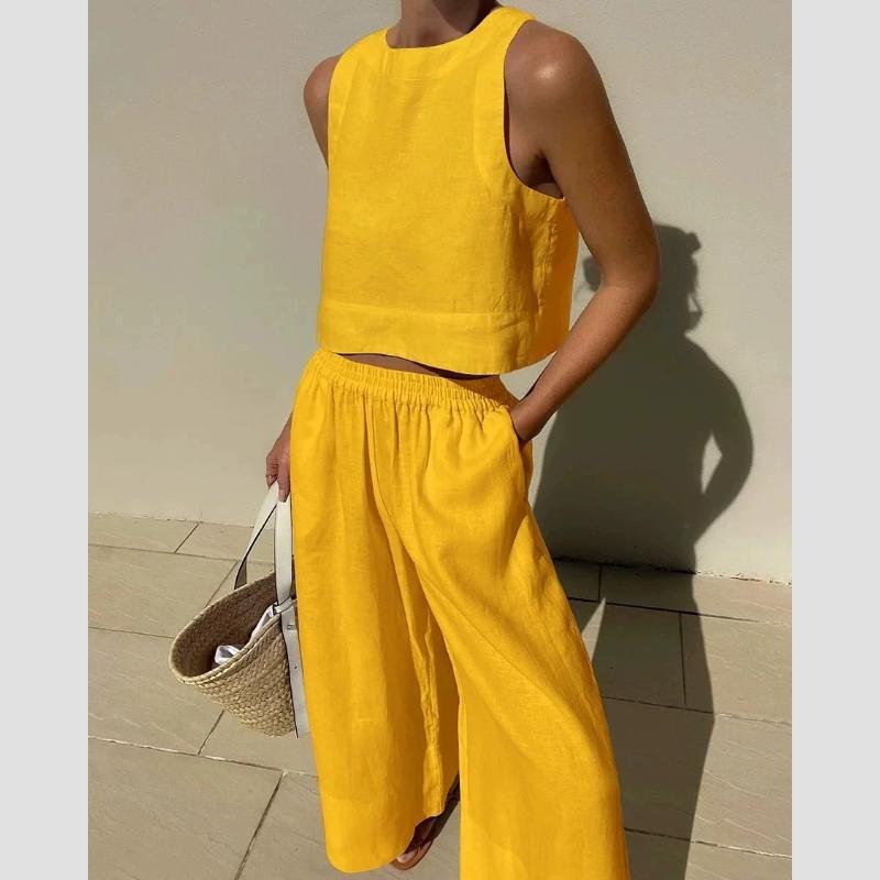 Cotton and Linen Pant Sets Women Sleeveless Leace-up Short Tops Drawstring Long Pants Two Piece Set Commuting Summer