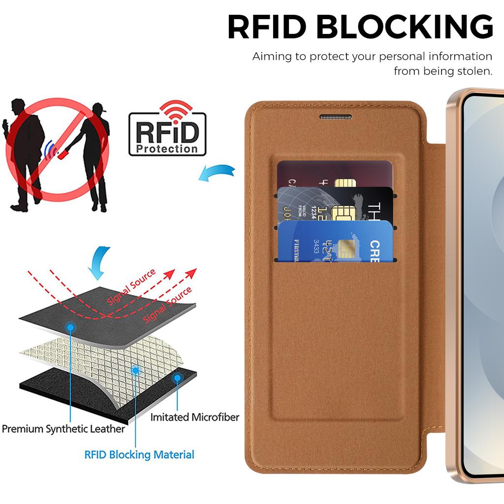 For Samsung Galaxy S26+ Magnetic Case RFID Blocking Card Holder Rhombus PU Leather Phone Cover with Lens Film