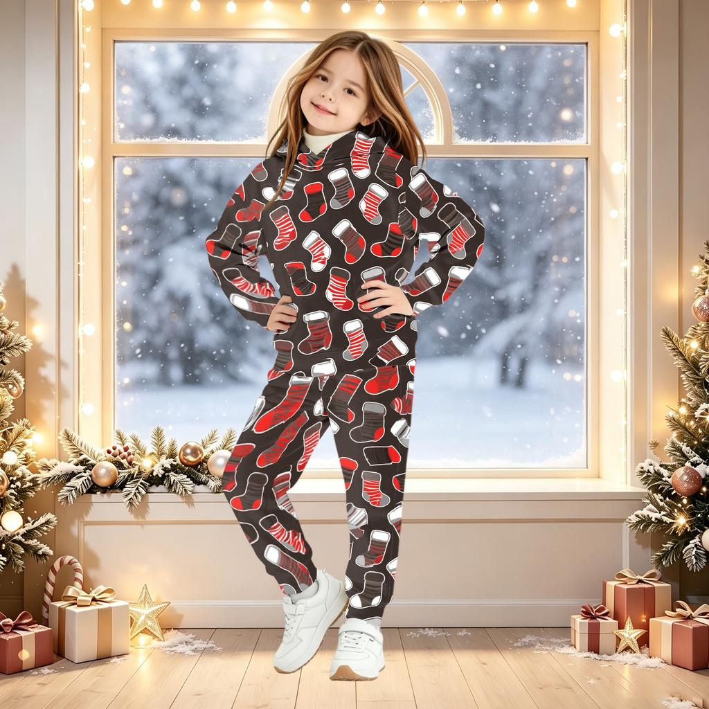 Kids Christmas Print Hooded Sweatshirt Set for Boys and Girls