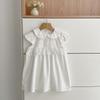 Girls' Korean Style White Flutter Sleeve Cotton Dress - Summer New Arrival Princess Dress