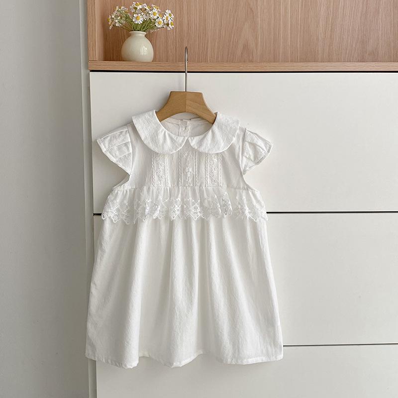 Girls' Korean Style White Flutter Sleeve Cotton Dress - Summer New Arrival Princess Dress