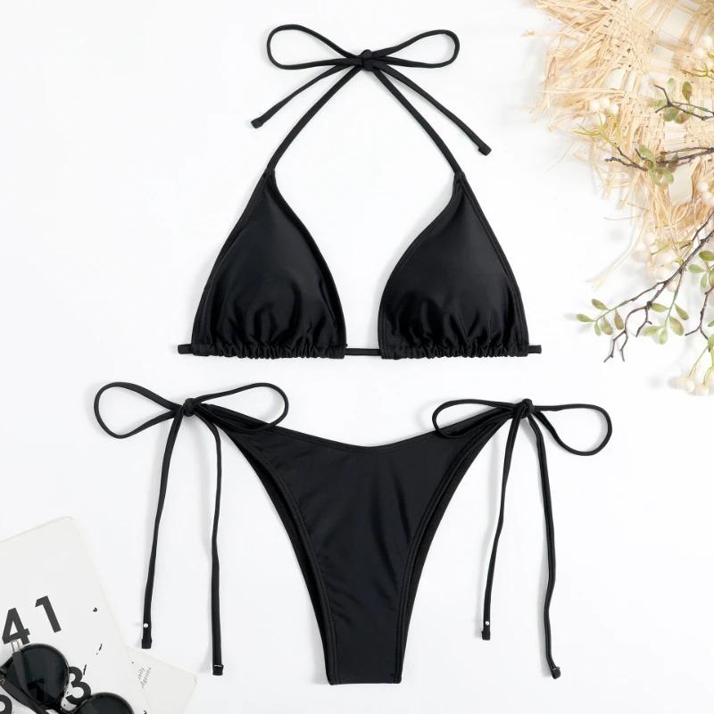 Sexig Kvinnor Thong Enfärgad Bikini Set Sido Halter Knytband Baddräkt Dam Split Strap Justerbar Brasiliansk Badkläder Strandkläder