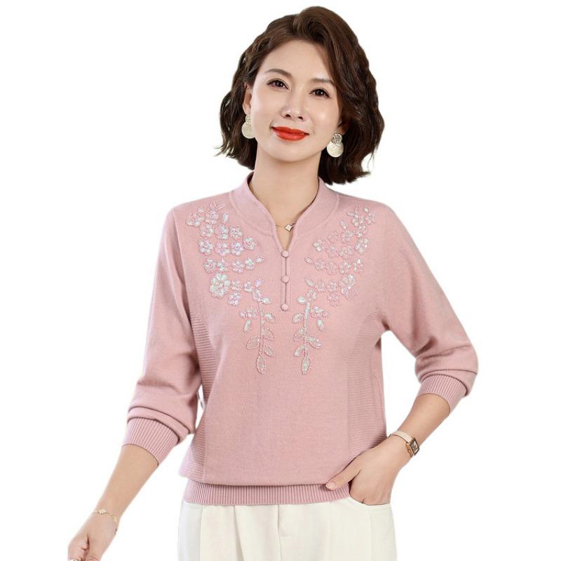 Middle-aged and Old Women's Natal Year Temperament Top Mother Autumn Clothes New Pullover Red Sweater Noble Bottoming Shirt