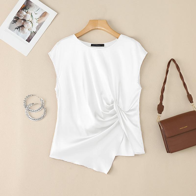 

ZANZEA Женская повседневная блузка с круглым вырезом, однотонная, летняя, с коротким рукавом 5XL белый