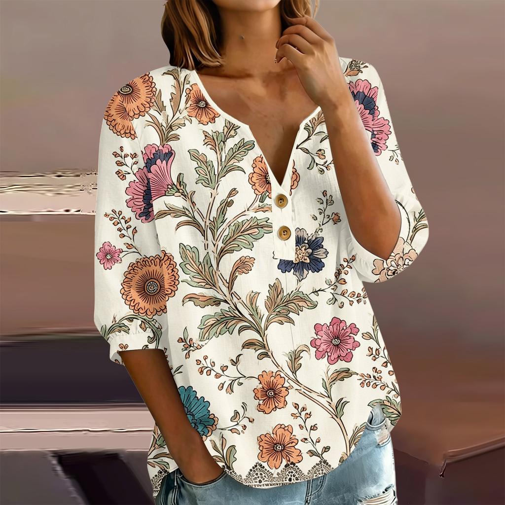 Women's Floral Print Henley Neck Button Front Shirt Three Quarter Sleeve Cotton Linen Blouse Casual Loose Fit
