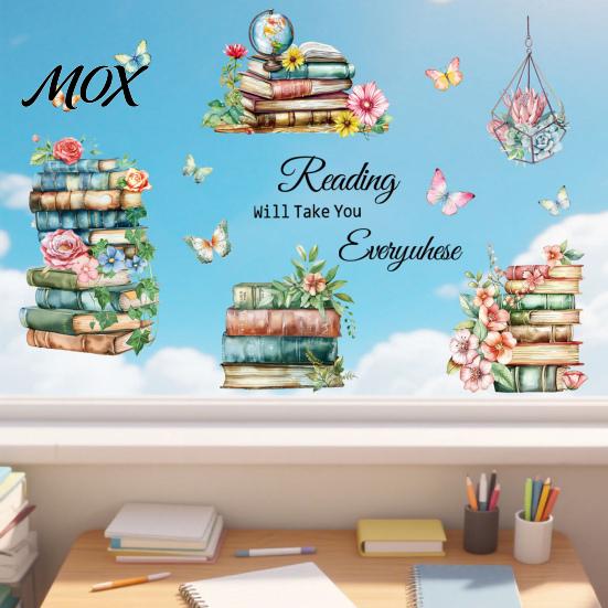 Back to School Window Clings Book Cling, Static Decals with Butterfly Flower Literary Pattern Stickers for Classroom Glass, Removable No Glue