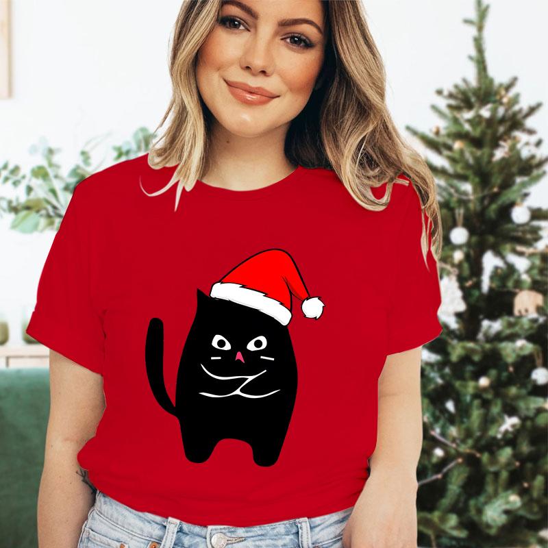 Christmas Black Santa Cat Trend Style Short Sleeve Tshirt Womens Christmas Gift Cute Animals Lovers Cartoon Classic Tshirts