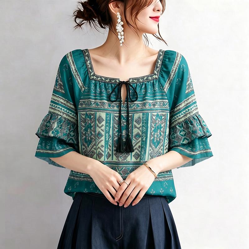 ZANZEA Women Summer Casual Square Collar Half Sleeve Loose Ethnic Print Blouse