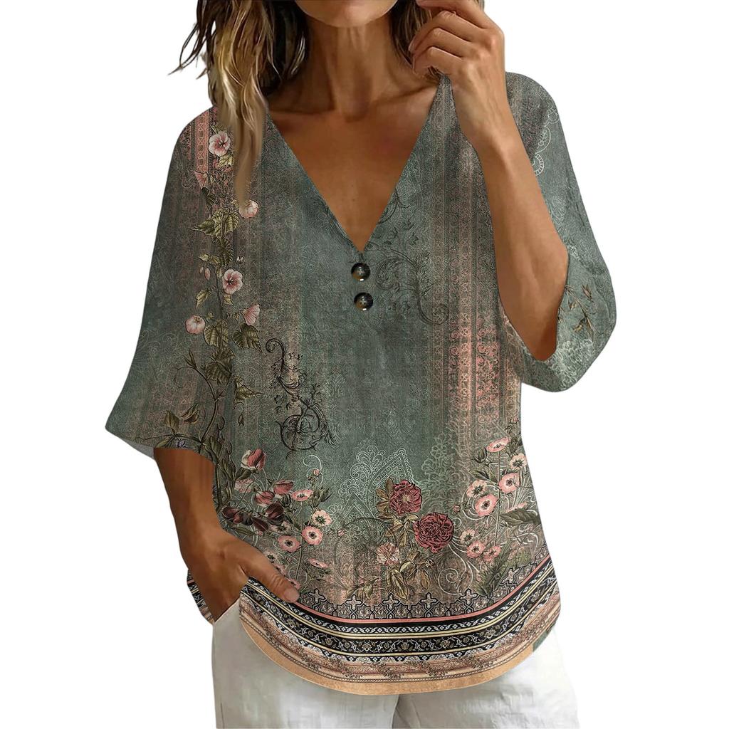 Women V Neck Vintage Floral Print Loose Fit Short Sleeve Blouse Linen Blend Casual Top for Everyday Wear Summer Spring