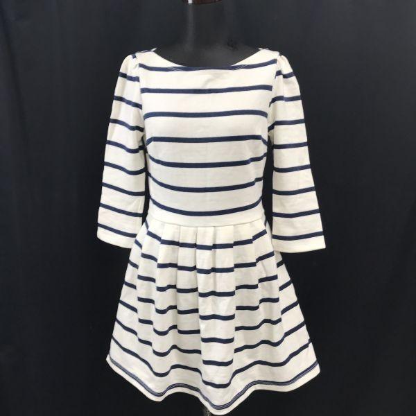 

snidel 3/4 Sleeve A-Line Dress Size F White Navy Border Flare Skirt Knee Length(USED)