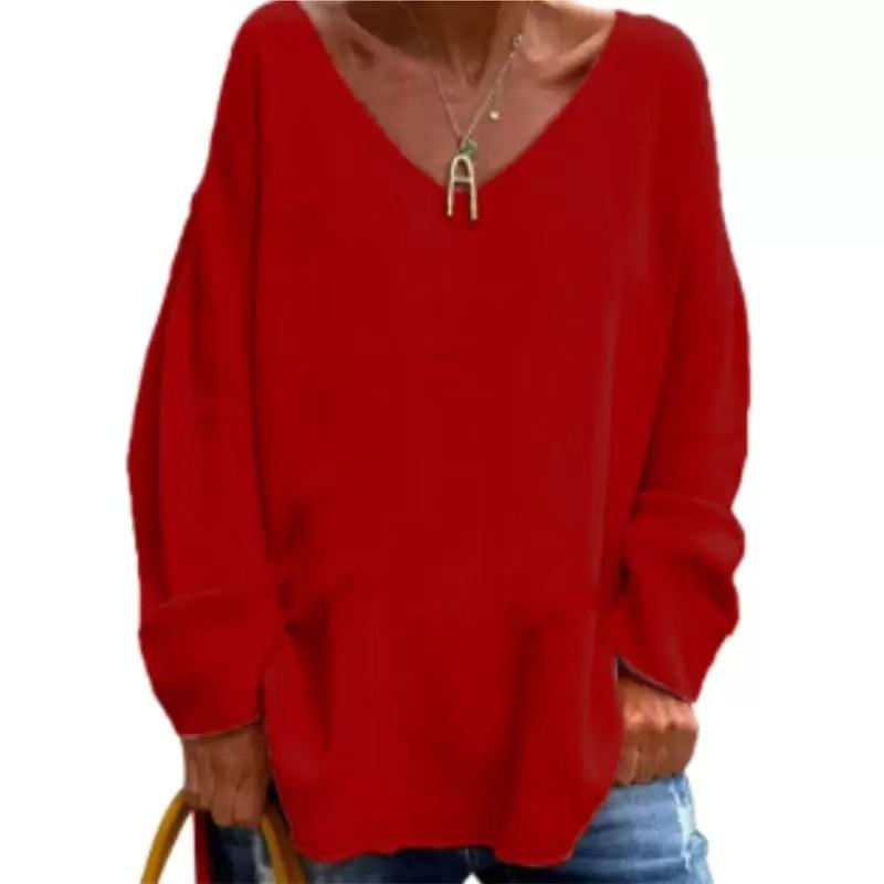 IHUASU Autumn Winter Women's Solid Color V-neck Long Sleeve Loose Casual Comfortable T-shirt Top
