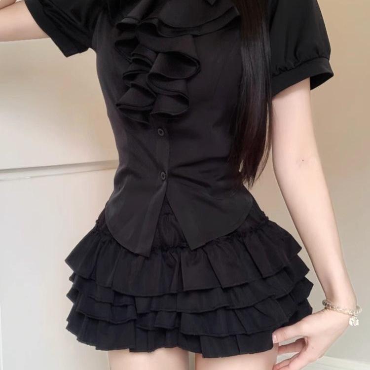 Conjunto de Top com Mangas Bufantes e Saia Fofa Estilo Gótico da Corte Coreana