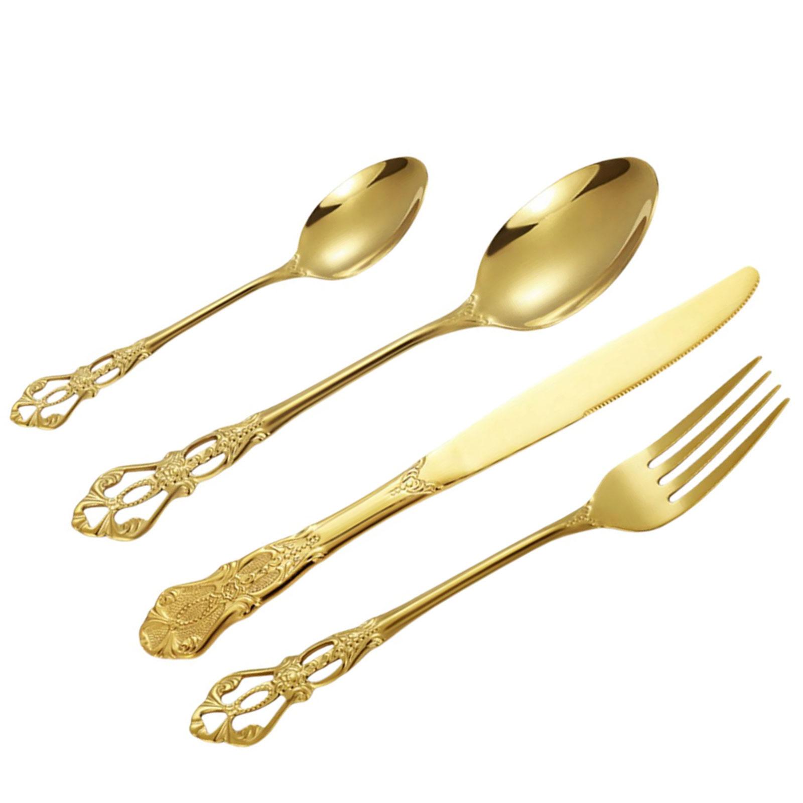 

Элегантный столовый набор из 4 предметов в дворцовом стиле из нержавеющей стали с зеркальной полировкой, включающий нож, вилку, ложку золотой