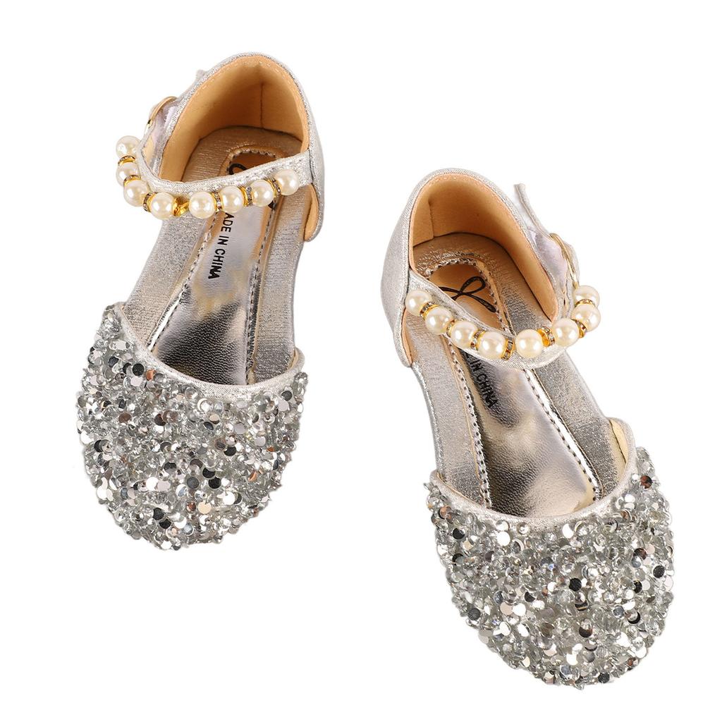 Kid Girl Sequins Faux Pearl Dress Shoes Children Fashionable PU Leather Glitter Flat Shoes for