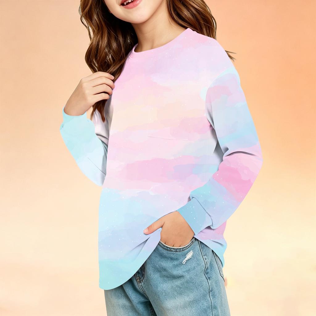Kids Long Sleeve Printed Round Neck T-Shirt with Pocket Casual Top