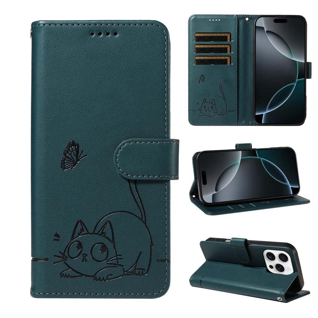 Leather Wallet Flip Case For OPPO A57S A77 A15 A15S A16 A16S A54S A17 A96 4G 5G Cat and Butterfly Embossed,Wrist Strap