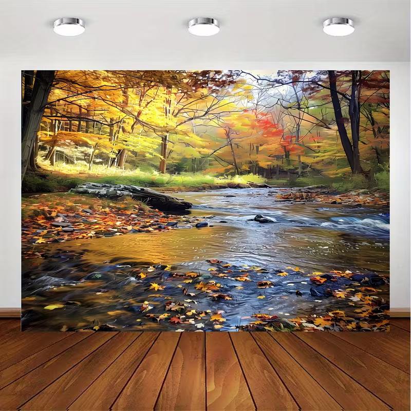 2D Dreamy Fall Forest Stream with Maple Leaves Background Cloth 47.2x31.5inch/120*80cm