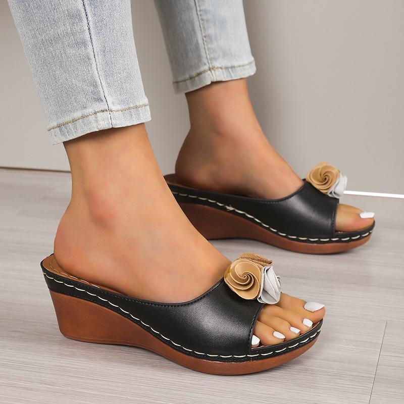 

New flower cool slippers muffin thick bottom slope flat low women s slippers wish foreign trade European and American large size sandals 36 розовый