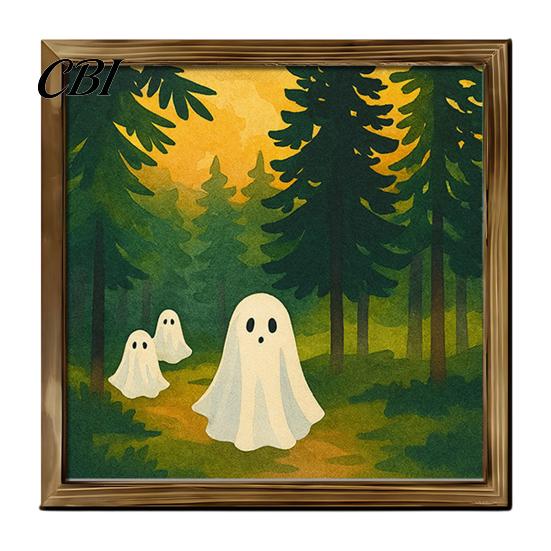 Solid Wood Desktop Decorations Halloween Ghost/Witch/Skeleton Decorative Painting, Wall Mount Square Frame Wooden Framed Paintings Picture for