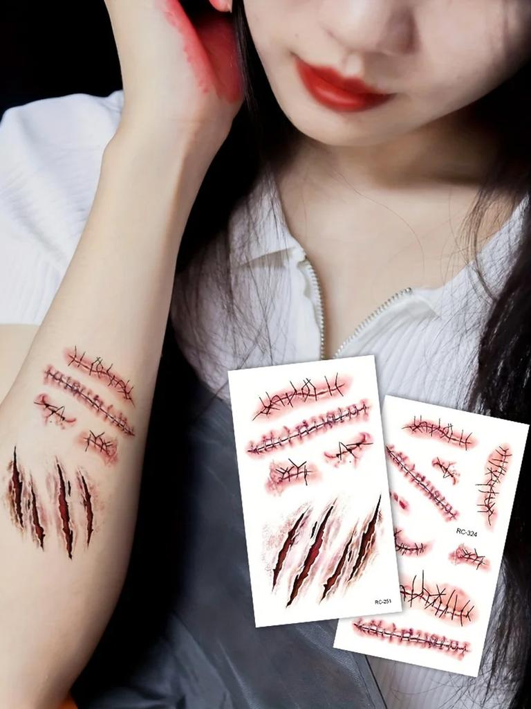 10 Sheets Halloween Horror Wound Temporary Tattoos Waterproof Realistic Blood Tattoo Scar Tattoo Stickers Suitable for Face and