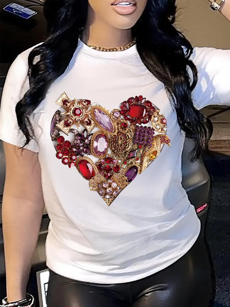 European Size Women'S Summer Casual T-Shirt with Rhinestone Heart Design, Polyester Crew Neck, Breathable Knit Fabric
