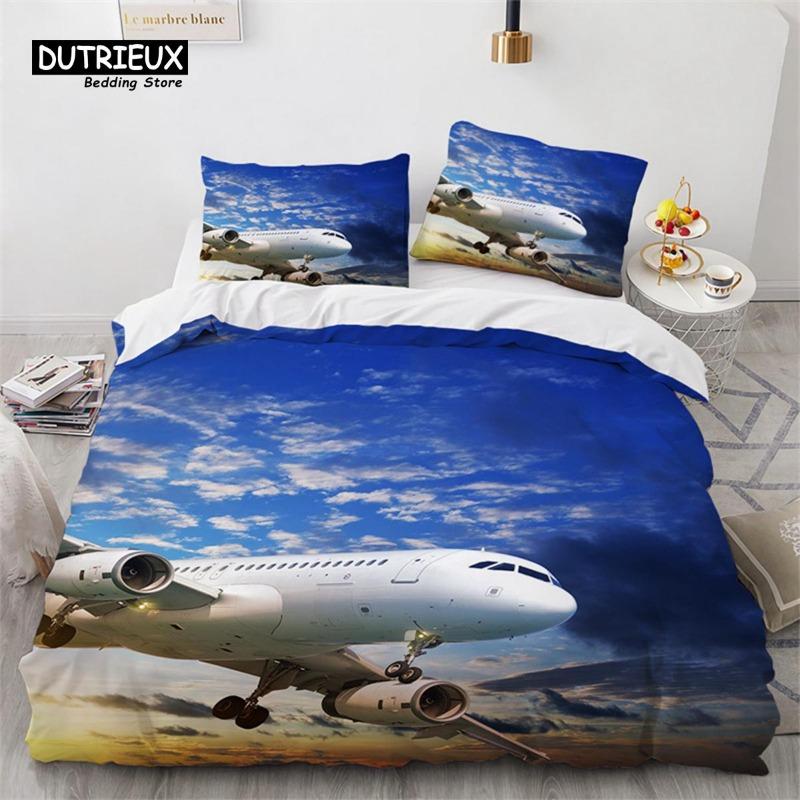 Boys Airplane Duvet Cover King Queen Polyester Aviation Aircraft Runway Bedding Set Sky Scenery Bedspread Cover with Pillowcase Gift