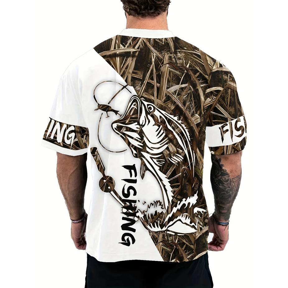 Mens Vibrant Fish Print Casual T-Shirt - Breathable Slight Stretch Polyester Crew Neck Tee for Outdoor Perfect for Summer