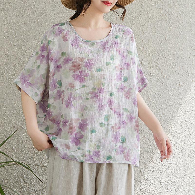 Plus Size Loose Round Neck Short-Sleeve Summer Tee One Size