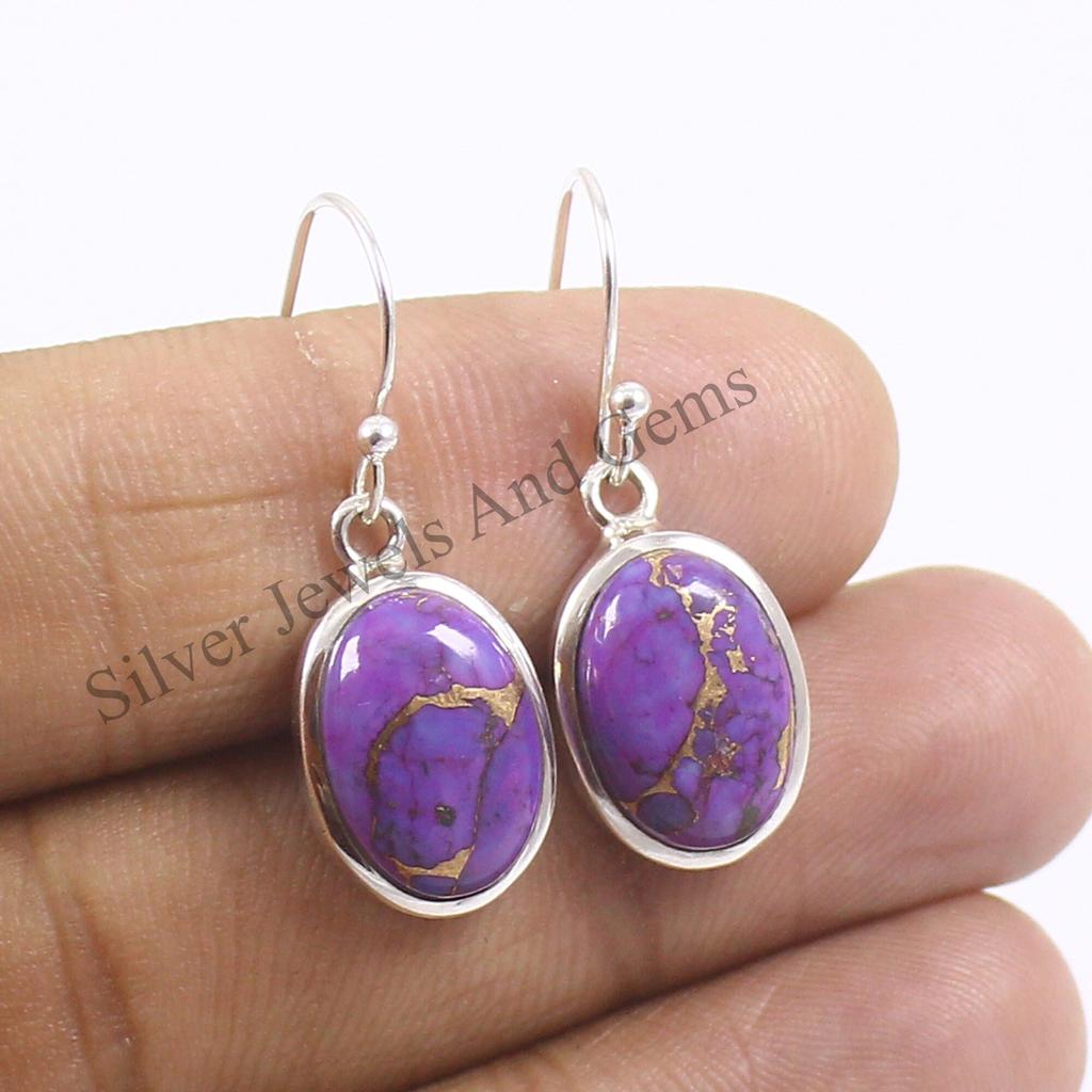 Copper Turquoise Earrings, Oval Purple Turquoise Earrings, Handmade Earring, 925 Sterling Silver Earring, Gift For Friends