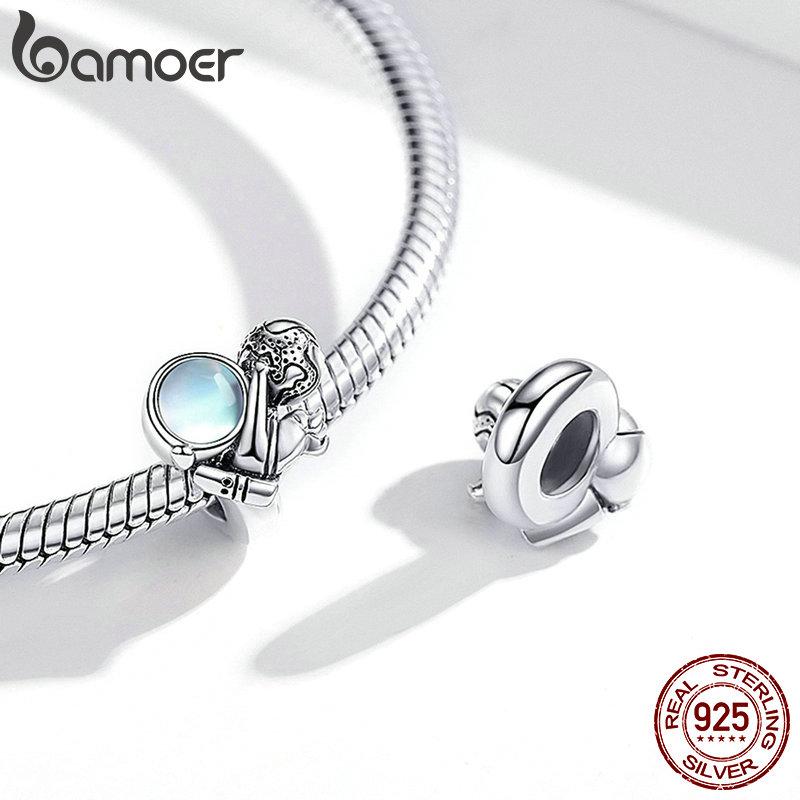 BAMOER 925 Sterling Silver Moonstone Charm, Weightless astronauts Space Walk Charm Beads fit Original 3mm Bracelet DIY Jewelry