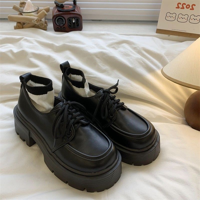 Thick Heel Heightened Platform Small Leather Shoes Women's Spring and Summer New Retro Versatile Lace-up Single Shoes