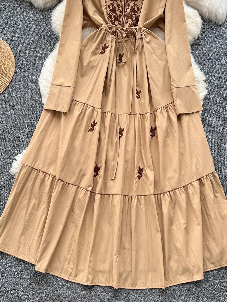 Women Spring Autumn Dress Retro Embroidered V-neck Strap Waist French Elegant Long Sleeve Grand Swing Long Dress