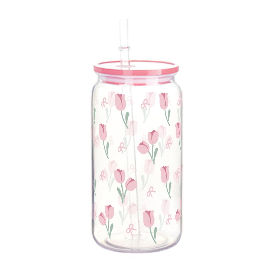 16oz Cute Bow Plastic Cup with Lid Bow Cherry Graffiti Pattern Water Bottle for Kitchen Coffee Straw Cups Beverage Juice Cups