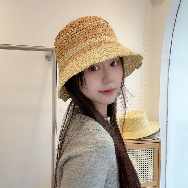 Contrasting Color Hollow Straw Hat Summer Sweet Knitted Breathable Basin Hat Outdoor Travel Versatile Face Covering Sun Hat