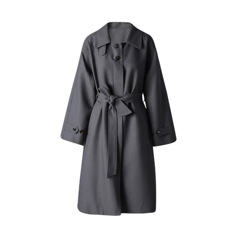 Womens British Style Oversized Trench Coat With Belted Waist Notched Collar Long Sleeve Loose Fit