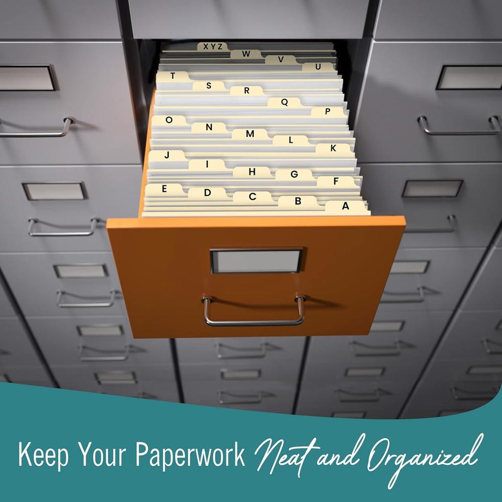 Alphabetical File Organizer, File Cabinet Dividers Letter Size, 25 Heavyweight Manila Guides A-Z Dividers with Tabs, 1/5 Cut Tab Positions Filing