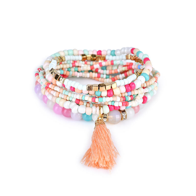 Women Girl's Jewelry Retro Bohemian Style Colorful Handmade Beaded Multi Layers Tassel Trim Hypoallergenic Bracelets